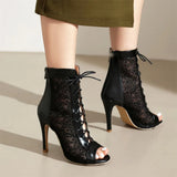 Plus Size 32-48 Sexy Black Mesh Lace Jazzi Summer Boots Women Elegant Peep Toe Thin High Heels Zip-up Ankle Boots Party Shoes
