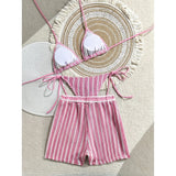 With Shorts Striped Halter Bikini Female Swimsuit Women Swimwear Three-Pieces Bikini Set Padded Bather Bathing Suit Swim V7159