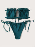 3 Colors Sexy Bikini Bandeau Women Swimwear Swimsuit Pleated Lettuce Trim Hollow Knotted Bikinis Set Bathing Suit Beach Bikini