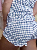Women Summer Ruffle Shorts Casual Plaid Print Elastic Waist Short Pants for Beach Nightclub Bloomers Streetwear