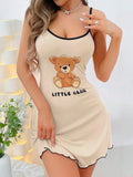Women Summer Sleepwear Littler Bear Printed Suspenders Mini Dress Comfortable Home Leisure Sexy Nightgowns Nightdress