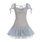 Dreamy and Western-style lace pleated princess dress with sparkling sequin design and puff-sleeved high-waisted dress.