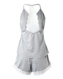 Summer Lace Crochet 2 Pieces Pajamas Set for Women Sleepwear Sleeveless V-Neck Crop Tops and Shorts Sets Casual Loungewear