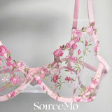 French Floral Lace Bra Set Push Up Underwire Large Bust Sheer Mesh See Through Sexy Bra Embroidery Demi Cup Lingerie Set MOYISU