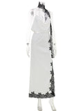 Ahagaga Fashion Women's Sets Satin Lacs Patchwork With Scarf 2Pcs (Tops+Skrit) Split Eelgant Summer Party Casual Female Suits