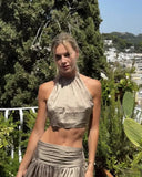 Women's Fashion Casual Satin Top Hanging Neck Skirt Sets Off-the-shoulder For Woman Pure Desire Elegant Skirt Sets Charming MNK6