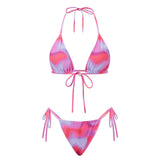 Combhasaki Women's Y2K Goth 2Pieces Tie-up Bathing Suits Sleeveless Halter Neck Backless Floral Bra + Low Waist Thong Swimsuits