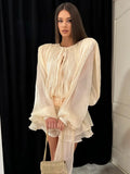 Fashion Solid Mesh Long Sleeved Backless Pleated Prom Dresses Chic Ruffle Bow Lace Up Women Mini Dresses Lady Spring Party Robe