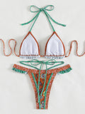Floral Print Halter Ruffle Frilled Bikini Women Thong Swimwear Female Swimsuit Two-pieces Bikini Set Bathing Suit Swim Beachwear