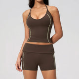 2PCS Women Yoga Sets Color Contrast Hanging Neck V Neck Slimming Sports Tank Top Flip High Waist Shorts Gym Running Fitness Suit