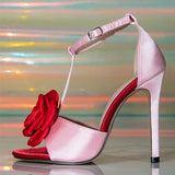 Summer Fashion Red Rose Flower Women's Sandals Sexy Ankle Cover Strap High Heels Wedding Prom Shoes Sandalias De Mujer