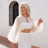 Women Chiffon Cropped Shrugs Fashion Stylish Sheer Open Front Balloon Long Sleeve Cardigan Blouse Shirts Bolero Cover-ups