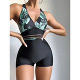 New V Neck Leaves Printed Shorts One Piece Swimsuit Women Swimwear Female Monokini Padded Bather Bathing Suit Swim Lady K4142