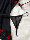 Hot Red Lips Lace Contrasting Sexy Babydoll Dress Mesh Slimming Erotic Lingerie With Thongs Sex Night Costumes