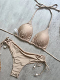 Sexy Brown Bikini 2026 Women Solid Red Halter Push Up Bra Tie Side Triangle Swimsuit Summer Bathing Suit Lace Up Micro Swimwear
