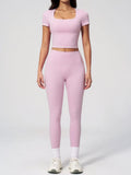 2PC Color Contrast Yoga Suit Women Short Sleeve Square Collar Slim Sports Top Fitness Suits Outdoor Exercise Leggings Tracksuit