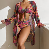 Sexy High Waisted Bikini 3 Pieces Floral Printed Swimsuit Size 3XL-S Women Bikini Set With Mesh Long-Sleeved Blouse Super Sales