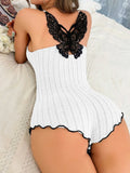 Women's Ribbed Lace Trim Cami Romper - Spaghetti Strap Backless Sleepwear, Soft Knit Lingerie Bodysuit for Sweet & Cozy Nights