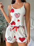 Soft Strawberry Print Pajama Set Frill Trim Slip Cami Top And Bow Decor Shorts Loose Cute Style Fit Women's Sleepwear Nightwear