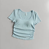 Big round Neck Yoga T-Shirt Short-Sleeved Slimming Sports Top with Fixed Chest Cushion for Running Pilates Summer Stretch