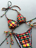 New 2026 Women's Plaid Swimsuit Sexy Lace-up Backless Swimwear Low Waist Push Up Thong Bathing Suit Micro Bikini Set Beachwear