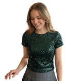 Women's Summer Solid Color Basic T Shirts Stylish Sequin Short Sleeve Round Neck Crop Tops for Casual Daily Wear