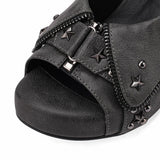 Brand New Women's Y2K Star Rivet Platform Sandals 2000's Peep Toe Slingback Chunky Heel Distressed Denim High Heeled Shoes