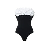 Vintage White Black Patchwork One Piece Swimsuit Long Skirt Set Women Sexy 3D Flower Bandeau Push Up Slim Holiday Swimwear 2025