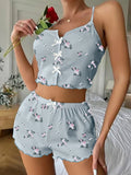 Women Summer Sleepwear Fashion Floral Print V Neck Cami Top and Lettuce Trim Shorts Pajama Set Loungewear Home Wear