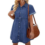 Faux Denim Button-down Mini Dress Women Summer Dress Short Sleeves A-line Lapel Patchwork Dress for Dating Commuting Party