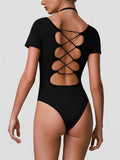 Summer Women's Cross Hollow Back Yoga Jumpsuit Short Sleeved Slimming Sports Overalls High Stretch Push Up Fitness Bodysuit