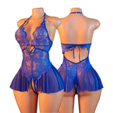 Adult Erotic Bodysuit Lace Hanging Collar Deep V-neck Semi Transparent Women Sexy Lingerie Crotchless Hot Underwear