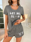 Women Summer Casual 2 Pieces Pajama Sets Gray Letter Print Short Sleeve Top and Shorts Set Loungewear Sleepwear