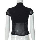 Women Sexy Hollow Out Mesh T-shirts 2026 Summer Bandage Short Sleeve Black Corset Girls Slim Crop Tops T Shirt Party Streetwear