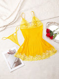 Transparent Thin Style G-string Lace Ruffle Trim Lingerie Set Women Nightgowns Sleeveless Sleepwear Sexy V-Neck Bra Panty Sets