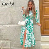 Foridol Casual Button Up Shirt Dress Maxi Long Women Dress Robe Floral Print Green Boho Autumn Winter Sash Laides Dress 2025