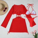 With Long Sleeve Cover Up Halter Bikini Women Swimwear Female Swimsuit Three-pieces Bikini set Bather Bathing Suit Swim V5123
