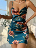Summer Ice Silk Stain Nightgowns Women Sexy Sleepwear Slip Dress Floral Print Pajamas Open Back Split Nightdress Nighties