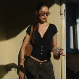 FDYOUI Fashion Casual Swinging Collar T-shirts Y2K Woman Clothes Short Sleeve Buttons Corset T Shirt Ladies Solid Crop Tops Tees