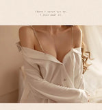 Sexy Chiffon Strap Boyfriend Style White Shirt Sheer Charm Blouses Chain Design Sense V Neck Romantic Passion Mature Bold 9SYN