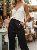 Fashion Summer Satin Tank Tops Women Solid Color Deep V Neck Sleeveless Adjustable Spaghetti Strap Lace Patchwork Vest