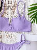 Sexy Bikini Women Small V-neck Pit Striped Double Straps Light Purple Swimwear Swimsuit Bikinis Set Bathing Suit Female Biquinis