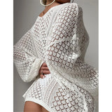 S - XL New V Neck Long Sleeve Crochet Knitted Tunic Beach Cover Up Cover-ups Beach Dress Beach Wear Beachwear Female Women V8284