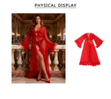 White Mesh Long Robe for Women Sexy See Through Sleepwear Plus Size Ruffled Belted Nightgown Lingerie