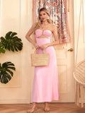 Women Floral Print Tie Backless Dress for Bohemian Party Evening Ring Cut Out Strapless Bodycon Long Dresses