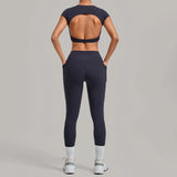 Yoga Set Women's Tracksuit Short Sleeve Back Hollow Out Sports Top Athletic Wear Tight High Waist Pocket Leggings Fitness Suits