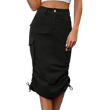 Womens Cargo Midi Skirt High Waist Multi Pocket Pencil Skirt Side Drawstring Ruched Split Hem Bodycon Summer Skirts Streetwear