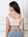 Sexy Off Shoulder Crop Tops Women Summer Slim Frill Trim 3D Bow Backless Short Sleeve Crop Shirts