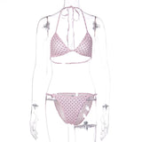 FDYOUI Women's Polka Dot Print Pink Swimsuit Lace-up Bras Panties Split Skirts 3 Pieces Bikinis Sets Bathing Suit Beach Swimwear