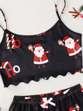 Christmas Santa Claus Element Print Pajama Set for Women's Sleepwear 2 Pieces Crop Tops and Shorts Homewear Loungewear
